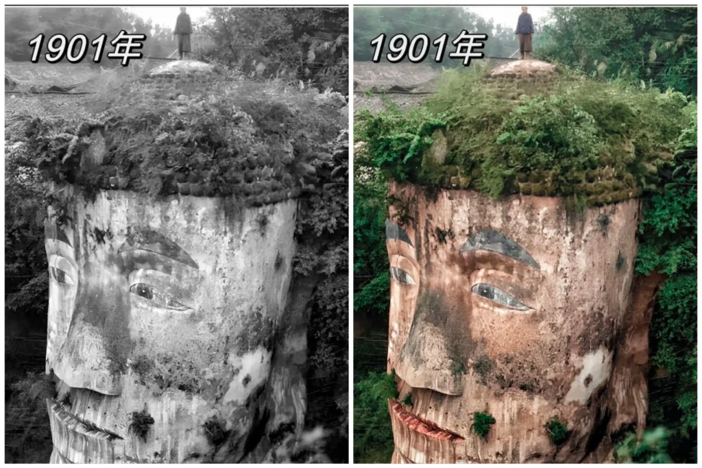 สภาพของพระพุทธรูปเล่อซาน อายุกว่าพันปี ปลายราชวงศ์ชิงถึงต้นยุคสาธารณรัฐจีน